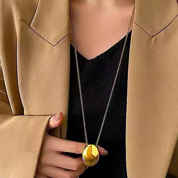 Stampd Jewelry - Gold Minimalist Long Oval Sweater Necklace  Stainless Steel Pendant Waterproof